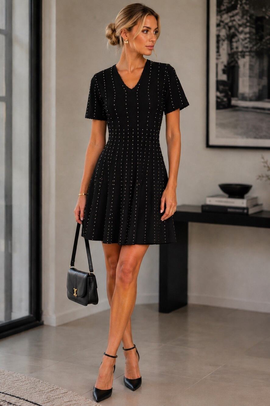 Sandro Paris Vaness Black Beaded Ribbed Fit & Flare V-Neck Mini Dress 38 / M NWT